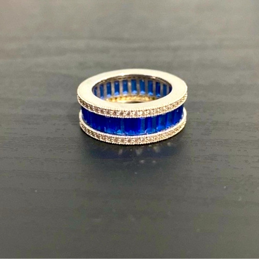 🟡 SALE 925 Sterling Silver Blue Tourmaline Baguette Band Ring Size 5